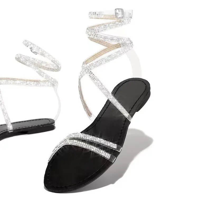 New Flat With Large Size Winding Belt Rhinestones Womens Sandals - Image 3