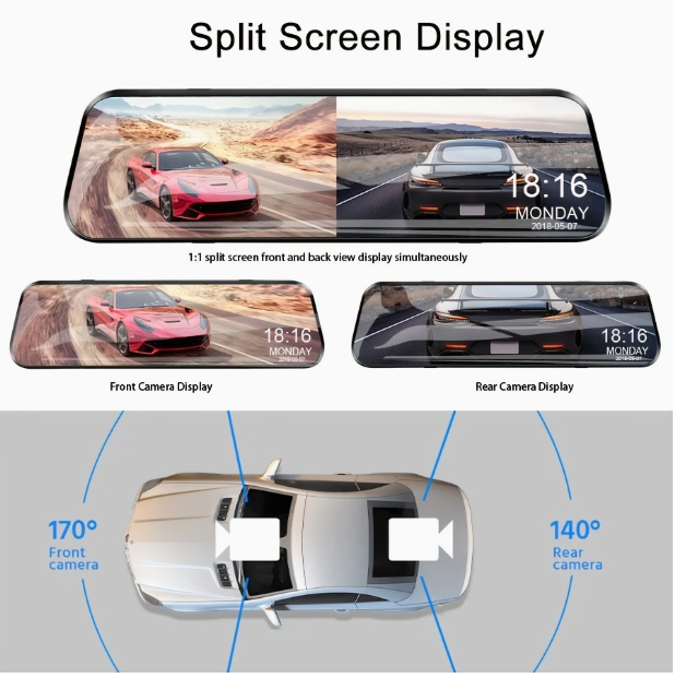 Dual-Lens Mirror Dash Cam - 1080P Front + 720P Rear Recording